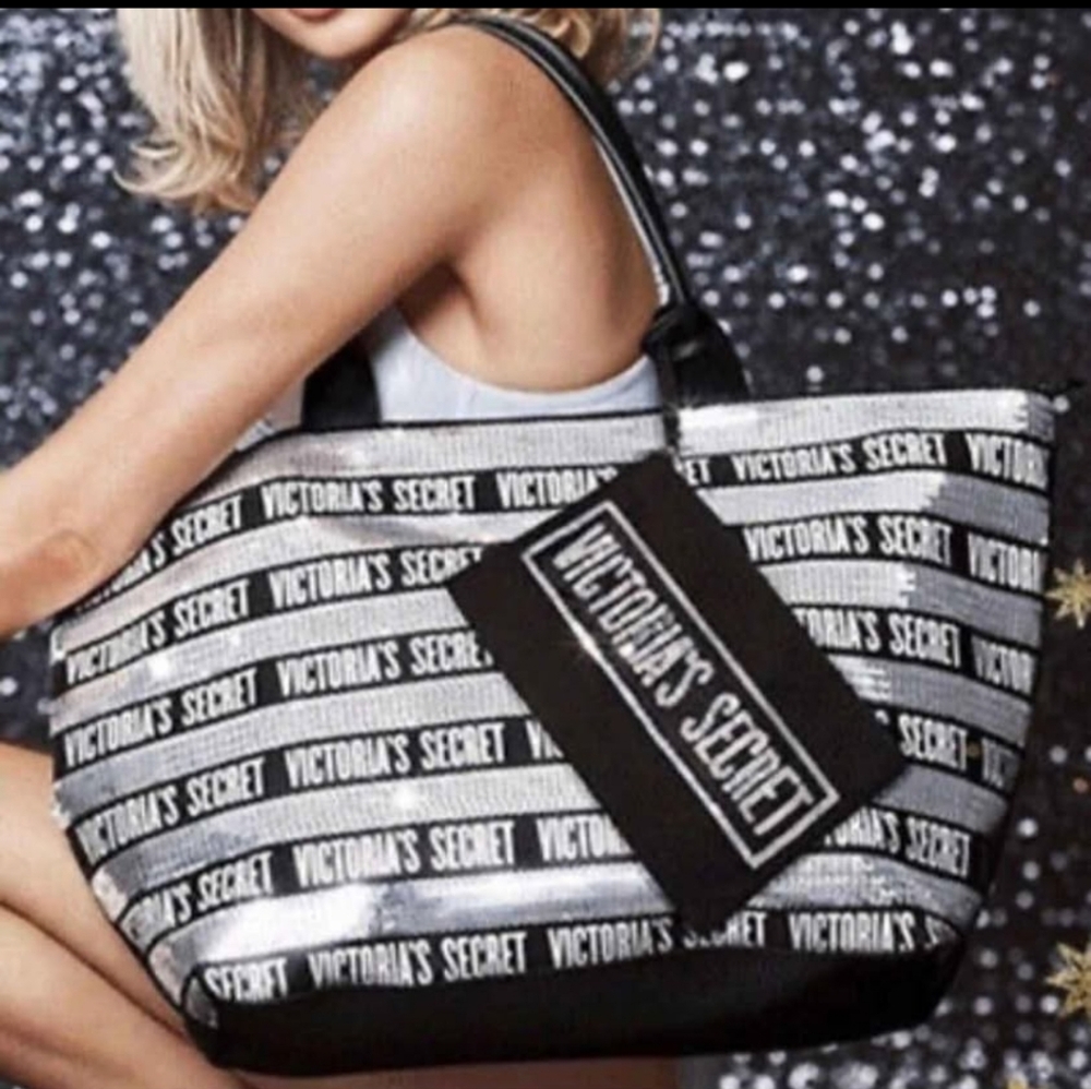 Victoria's Secret Black Silver Sequin 22" Tote w/ Wristlet